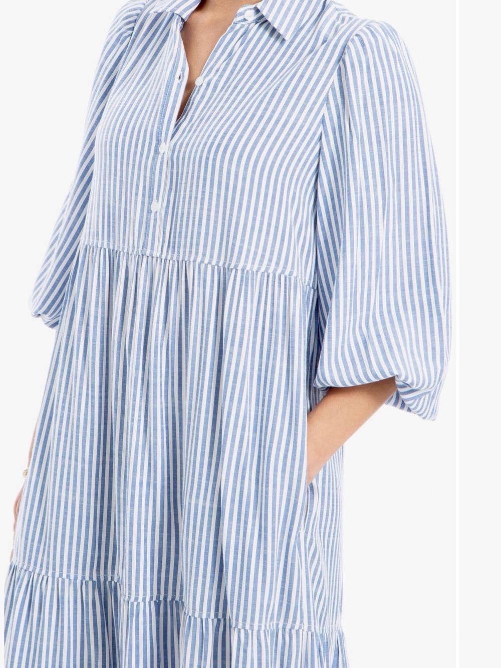 Max Studio Blue and White Striped Tiered Shirt Dress